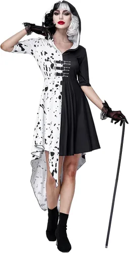 Vista 2 de GIKING Cruella Devil - Disfraz de Halloween para mujer, manga media y larga, color blanco y negro