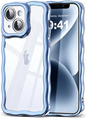 Vista 48 de SKYLMW Funda compatible con iPhone 12 Pro, diseño de ondas rizadas kawaii, borde chapado de lujo, elegante parte trasera transparente brillante, TPU
