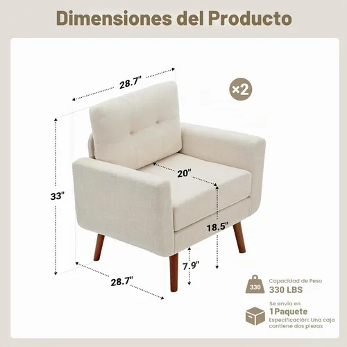 Vista 2 de Tbfit Paquete de 2 sofás individuales de tela de lino, silla decorativa, sillón moderno de mediados de siglo para sala de estar, dormitorio Beige