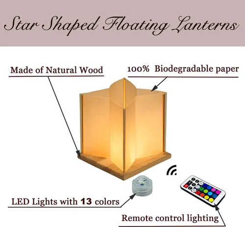 Vista 3 de Paquete de 10 Linternas Flotantes en Forma de Estrella de 6" con Juegos de Base de Madera Impermeables, Linternas de Agua de Papel Decorativas
