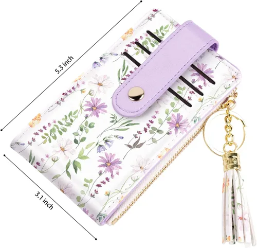 Vista 5 de Cartera delgada para mujer, con bloqueo RFID, de cuero, con múltiples tarjetas, con borla, bolsillo para monedas, Margarita Blanca