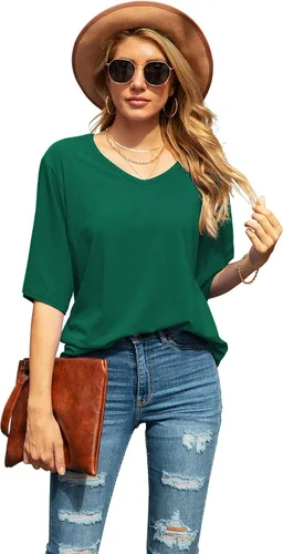 Vista 2 de SUEANI - Camiseta de cuello en V para mujer, diseño holgado con manga 34 acampanada