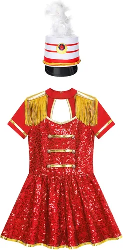 Vista 3 de MSemis Disfraz de Majorette de lentejuelas para niñas, con borlas, gorra de línea A, vestido de uniforme de maestro de anillos real