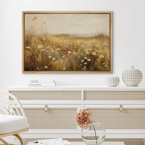 Vista 3 de SIGNLEADER Impresión en Lienzo Enmarcado Arte de Pared Prado Cálido de Verano con Flores Silvestres Ilustraciones Florales Vibrantes Arte Moderno