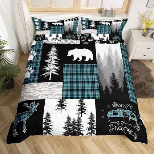 Vista 13 de Funda de edredón de oso de caza, tamaño individual, juego de ropa de cama rústica de animales del bosque para niños y niñas, funda de edredón a Oso