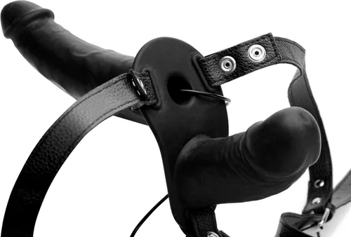 Vista 2 de Power Pegger - Consolador doble vibrador de silicona negra con arnés