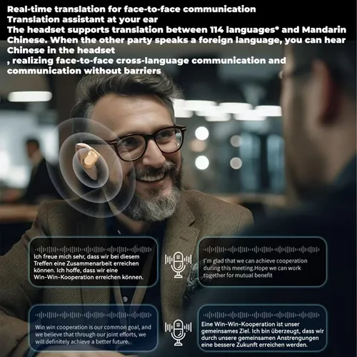 Vista 8 de Traductor de idiomas Auriculares, Audífonos Traductores en Tiempo Real, Soporte 75 Idiomas Auricular Inalámbrico Bluetooth (Beige)