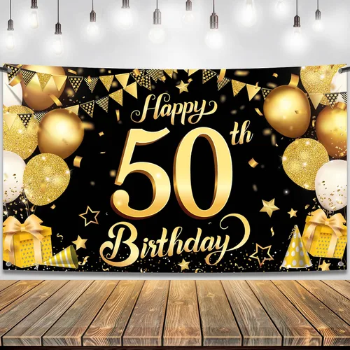 Vista 9 de KatchOn, Fondo de feliz cumpleaños 50, grande, 72 x 44 pulgadas, decoraciones de cumpleaños 50 negro y dorado Cartel de feliz cumpleaños 50