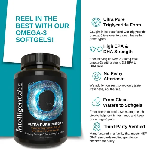 Vista 3 de Intelligent Labs Triglicérido Omega 3 2250 mg por porción de 3 cápsulas Cápsulas de aceite de pescado sin eructos 120 cápsulas blandas por