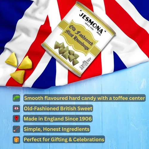 Vista 5 de Jesmona Old Fashioned Mint Humbugs - Lata de dulces duros ingleses con centro de caramelo, lata de regalo de dulces duros británicos resellables