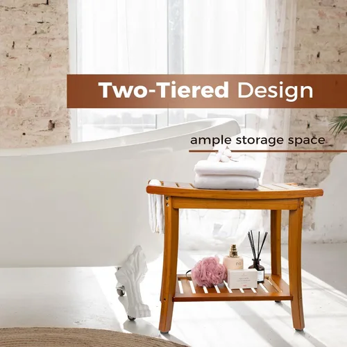 Vista 4 de Utoplike Banco de ducha de bambú con almacenamiento, taburete de ducha de madera con asas, asiento de baño para toallas, spa, ducha