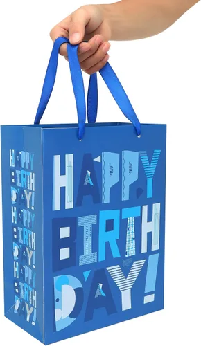 Vista 6 de Paquete de 2 bolsas de regalo azules medianas de 10.6 pulgadas con tarjeta de felicitación y papeles de seda (feliz cumpleaños azul) para fiestas