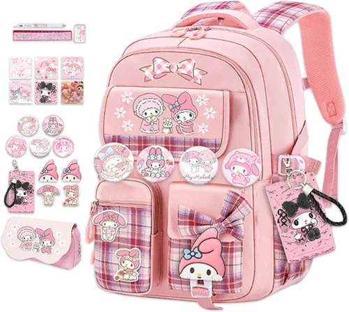 Vista 8 de Roffatide Mochila escolar Kawaii de anime para niñas y niños con 21 accesorios de dibujos animados para estudiantes estéticos para el nuevo