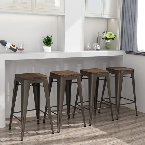 Vista 11 de Juego de 4 taburetes de bar de metal sin espalda de 24 pulgadas, apilables, industriales, para taburetes de isla de cocina, con asiento de madera