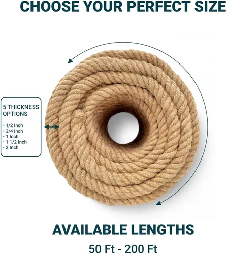 Vista 6 de Cuerda de cáñamo de 1 pulgada x 50 pies, cuerda trenzada de 4 hebras resistente para manualidades, decoración náutica, tira y afloja, paisajismo