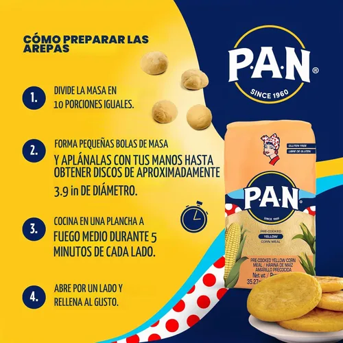 Vista 5 de P.A.N. Harina de Maíz Amarillo - Harina Precocida sin Gluten y Kosher para Arepas, 1 kg (35 oz / 2 lb 3.3 oz)