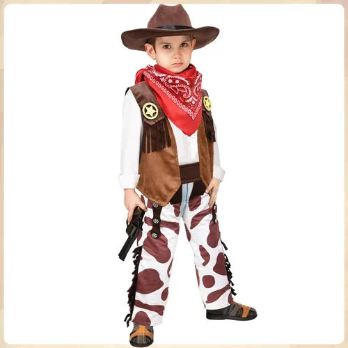 Vista 2 de Kids Cowboy Costume Boys Halloween Dress Up Cosplay Set Birthday Party Role Play Western Chaps Outfit Hat Accessories