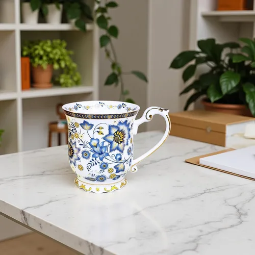 Vista 4 de Taza de café vintage con estampado de flores en relieve, taza de café retro de porcelana de alta calidad de 11.8 onzas para café, té, leche, Azul
