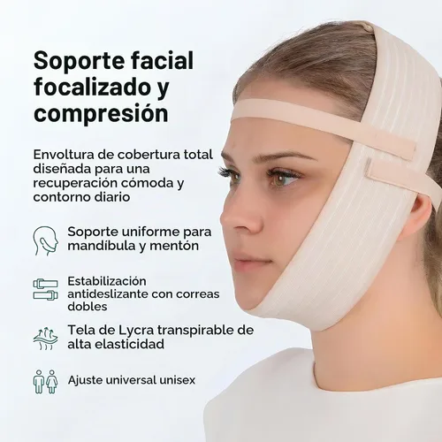 Vista 2 de Banda de correa de barbilla para ropa de compresión facial poscirugía, Cinta de envoltura de cara de doble barbilla, Ejercitador de línea de Beige
