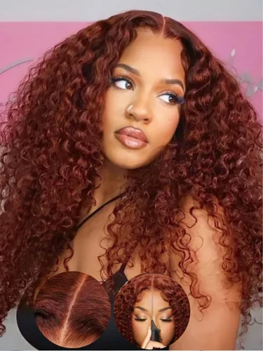 Vista 44 de KLAIYI Bye Bye Slip™ - Pelucas de cabello humano con encaje frontal 7x5, color marrón castaño degradado, rizado, sin pegamento, precortadas de 7 x