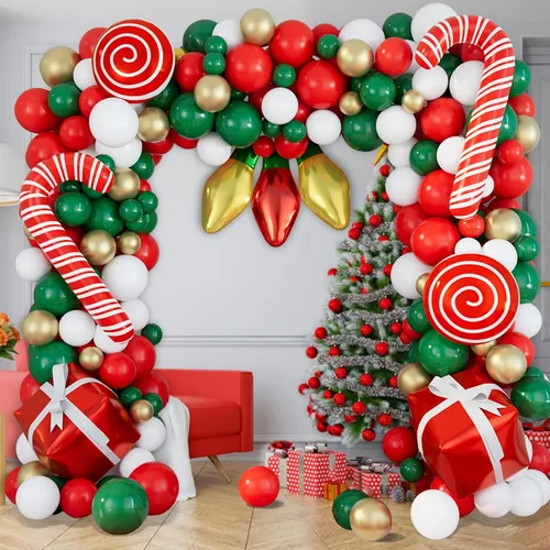 Vista 2 de DBKL Kit de guirnalda de globos de 152 piezas para Navidad, rojo, blanco, verde, dorado, globos en forma de bastón de caramelo, caja de regalo