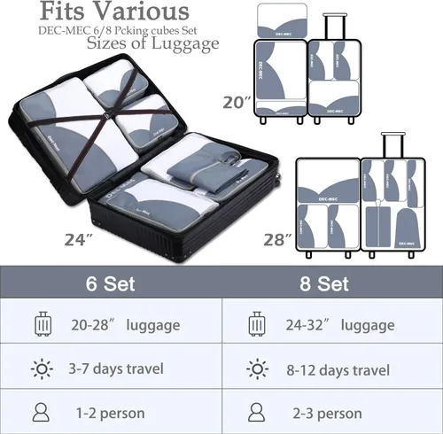 Vista 3 de Juego de 8 cubos de embalaje para viaje (L, M, S, XS), juego organizador de maletas para accesorios de viaje, artículos esenciales de viaje, bolsas