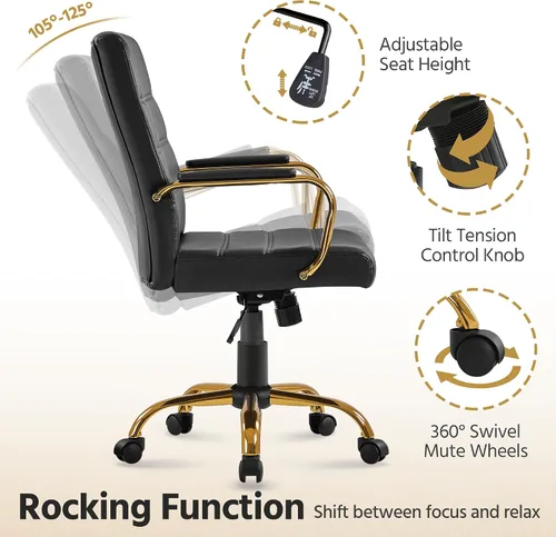 Vista 6 de Topeakmart Silla de escritorio de oficina Silla ejecutiva de cuero sintético ajustable con marco dorado asiento negro