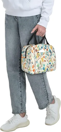 Vista 8 de Giwawa Bolsa de almuerzo aislada con hojas coloridas de acuarela, color gris, amarillo, con flores silvestres, reutilizable, térmica, impermeable