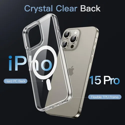 Vista 4 de JETech Funda magnética para iPhone 15 Pro de 6.1 pulgadas, compatible con carga inalámbrica MagSafe, a prueba de golpes, parte trasera transparente