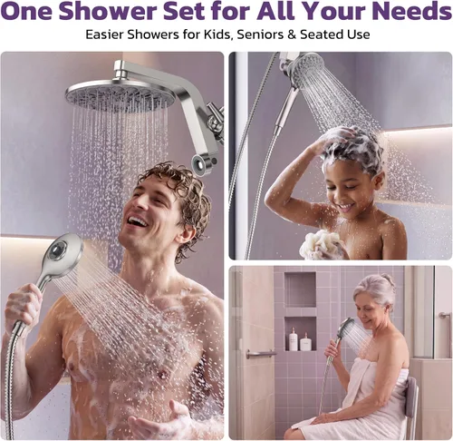 Vista 5 de HOPOPRO Rain Shower Head with Handheld, 9" Dual Shower Heads Combo Brushed Nickel