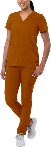 Vista 13 de Adar Addition Go-Basic - Conjunto de uniforme quirúrgico para mujer con blusa de cuello en V y pantalones cargo ajustados Rosa suave
