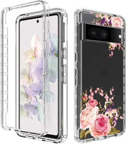Vista 6 de Funda para Pixel 6A, GX7AS con protector de pantalla de vidrio templado, cuerpo completo, transparente, flexible, con protección de diseño floral