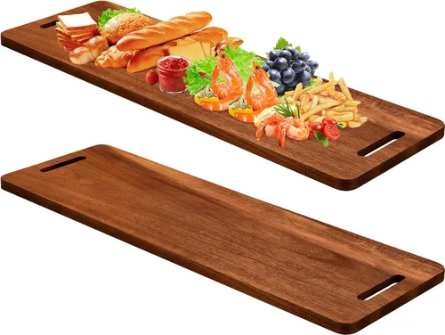 Vista 7 de Bokon 2 tablas de madera de acacia para charcutería con asa, bandeja de madera rectangular con mango hueco, bandeja de madera para servir queso