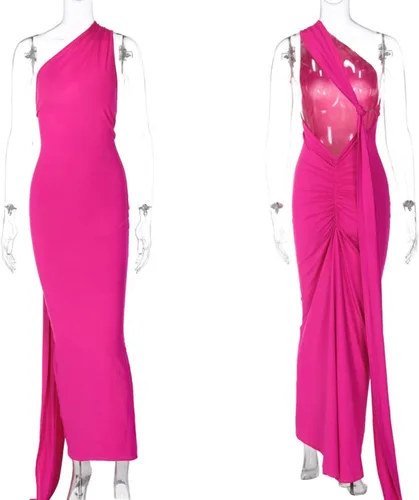 Vista 6 de Vestido largo sexy de un hombro descubierto para mujer, elegante, fruncido, sin mangas, con anillo en O, vestido de noche, vestido largo de cóctel