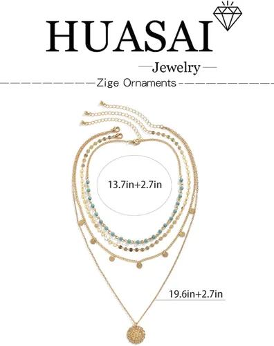 Vista 7 de Collar de oro para mujer, juego de collares de moda en capas, collar bohemio con cuentas de turquesa, collar largo con dije de moneda, collar