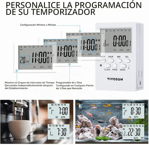 Vista 4 de VIVOSUN Toma de temporizador digital, temporizador digital programable de 7 días con 2 salidas independientes, 3 puntas, 20 grupos de programas