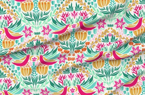 Vista 4 de Spoonflower Tela - Pájaros coloridos rosa verde bohemio botánico floral impreso en tela de gasa Fat Quarter - Ropa de moda de costura Vestidos