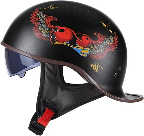 Vista 9 de Casco de motocicleta retro de media cara aprobado por DOT para hombres y mujeres adultos, estilo vintage alemán, con diseño de calavera