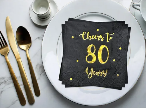 Vista 8 de Servilletas de cóctel de Cheers to 80 años, decoraciones de feliz cumpleaños n.° 80 para hombres y mujeres, decoraciones de fiesta de aniversario
