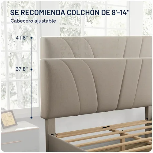 Vista 4 de Avenco Base de cama Queen, armazón de cama de plataforma tapizada tamaño Queen con cabecera ajustable, fácil montaje, no necesita somier, color beige