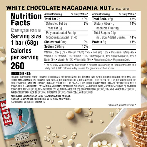 Vista 6 de CLIF BAR S - Barras energéticas - Sabor a nuez de macadamia de chocolate blanco - Hecho con avena orgánica - Alimento a base de plantas