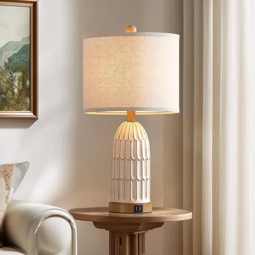 Vista 6 de Touch Table Lamp for Bedroom Nightstand, Cream Farmhouse Vintage Rustic 3-Way Dimmable Bedside Lamps with 2 USB Charging Ports,Single Cream