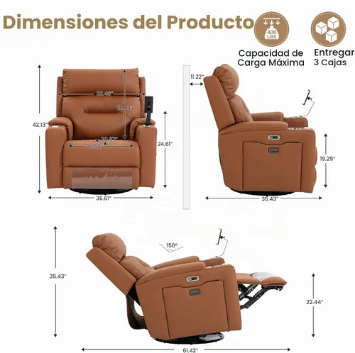 Vista 2 de Sillón reclinable giratorio eléctrico con reposacabezas y lumbar ajustables Marrón