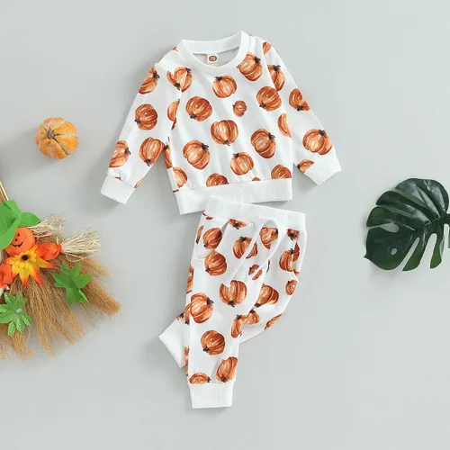 Vista 2 de MAINESAKA Sudadera de calabaza para bebé niño y niña, mi primer disfraz de Halloween, camiseta + pantalones largos con cordón para recién nacido