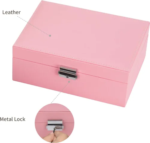 Vista 5 de Smileshe Joyero para mujeres y niñas, organizador de piel sintética con cerradura, 2 capas extraíbles de almacenamiento de viaje para anillos