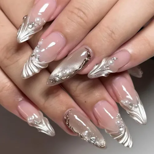 Vista 15 de Uñas postizas medianas a presión con forma de almendra y nude K-Nude