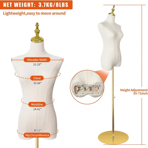 Vista 3 de Torso de maniquí femenino, forma de vestido para coser de 55 a 71 pulgadas, modelo de mujer de altura ajustable, cuerpo de maniquí de alta