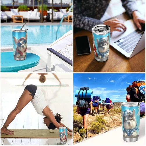 Vista 7 de Tazas de acero inoxidable con diseño de perros lindos de dibujos animados para hombres con tapa y pajita, taza de viaje de café de 20 onzas