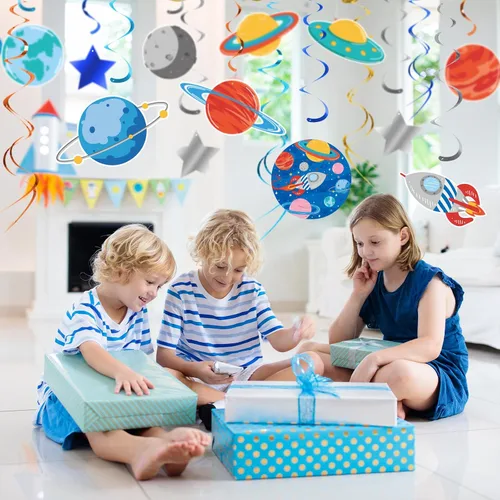 Vista 6 de 30 decoraciones de fiesta espacial, decoraciones de remolinos colgantes del sistema solar, suministros de fiesta del espacio exterior, decoraciones