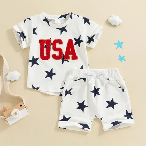 Vista 2 de Conjunto de camisa y pantalones cortos de estrellas para el 4 de julio para bebé niño y niña